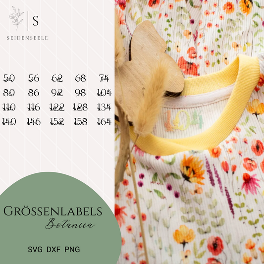Plotterdatei Größenlabels “Botanica” – Gr. 50–164