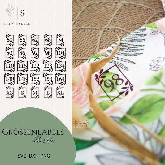 Plotterdatei Größenlabels “Herba” – Gr. 50–164 & XS–XL