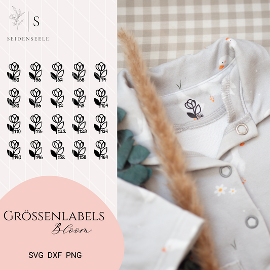 Plotterdatei Größenlabels “Bloom” – Gr. 50–164