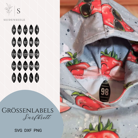 Plotterdatei Größenlabels “Surfbrett” – Gr. 50–164 & XS–XL