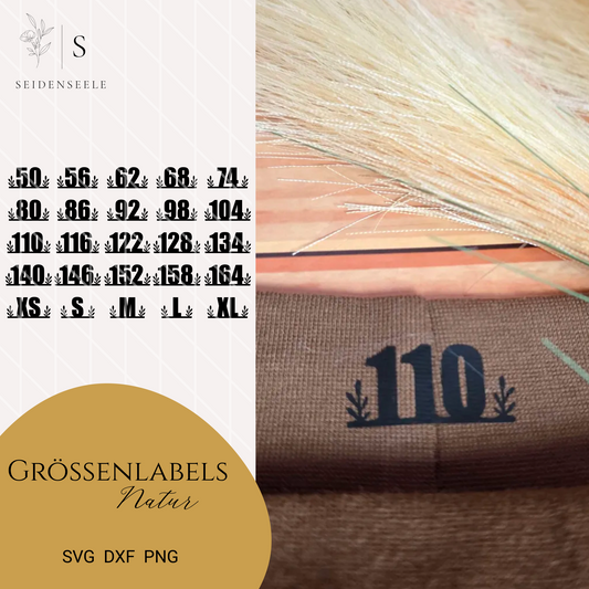 Plotterdatei Größenlabels “Natur” – Gr. 50–164 & XS–XL